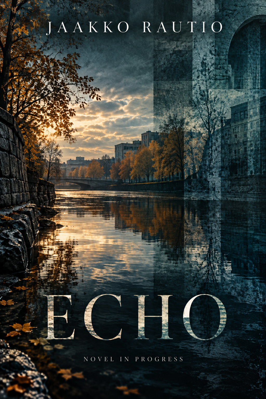 Preliminary English cover concept for Echo: a dark river, autumn light, and layers of old stone.